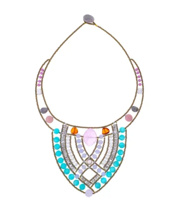 Ziio TARA Sky bib necklace on a white background, with open lines and round blue amazonite stones.