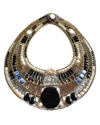 Ziio Cleopatra Black necklace with a large black centrepiece, white pearls and blue stone accents.