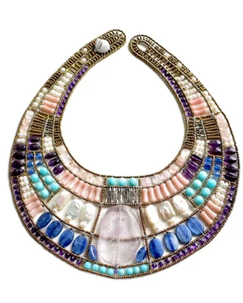 Ziio Cleopatra Amethyst collar necklace with curved rows of violet, blue, turquoise and pale pink stones.