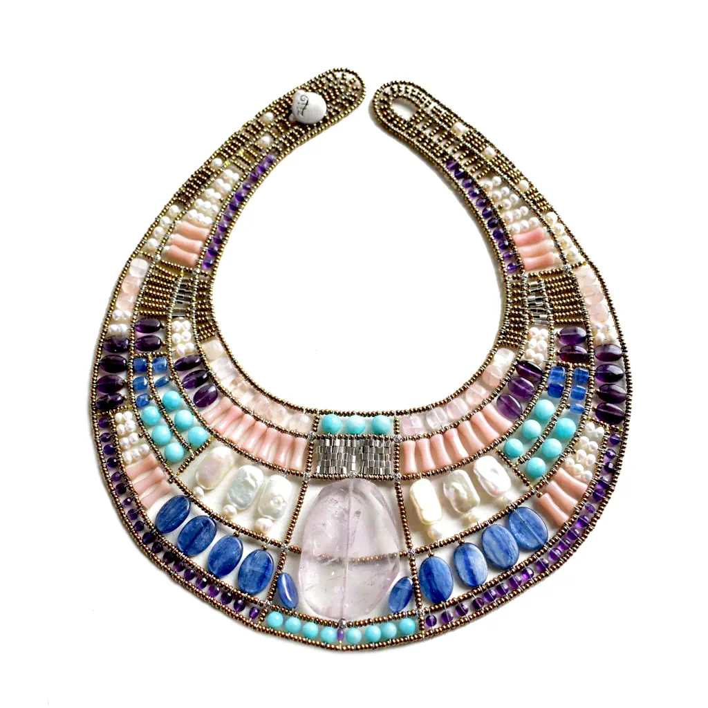 Ziio Cleopatra Amethyst collar necklace with curved rows of violet, blue, turquoise and pale pink stones.
