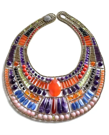 Ziio Cleopatra Spring necklace with orange, violet, blue and pale pink stones arranged in curved rows.